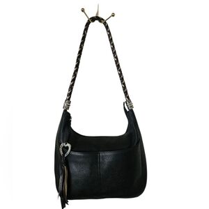 Brighton Barbados Zip-Top Black Leather Hobo Bag With Tassle/ Braided Strap